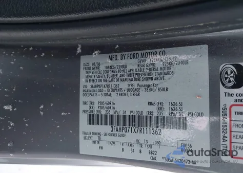 2007 Ford Fusion Se from USA, damaged, VIN 3FAHP071X7R111362